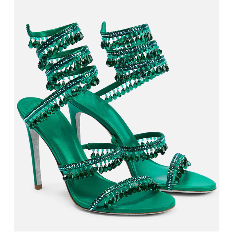 Rhinestone Sandal Women - Seksowne zielone sandały na szpilce z