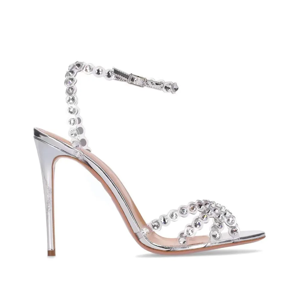 Rhinestone Sandal Women - Eleganckie srebrne sandały na platformie plus